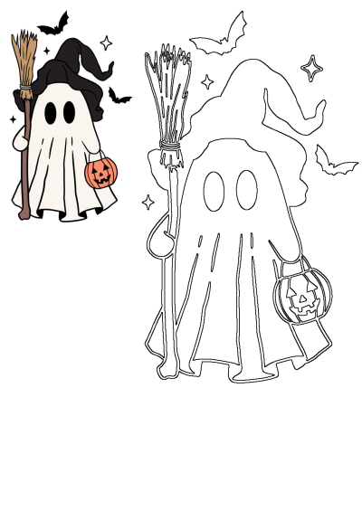 Cute Halloween ghost dressed as a witch with a pumpkin and broom, bats flying around in this adorable spooky scene.