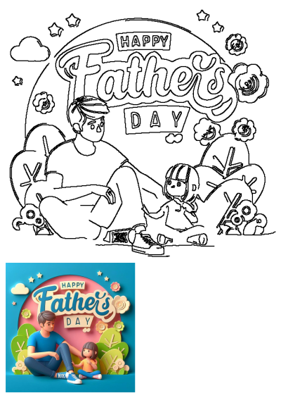 A father and daughter sitting in front of a Happy Father's Day sign. Cheerful, cartoon style art.