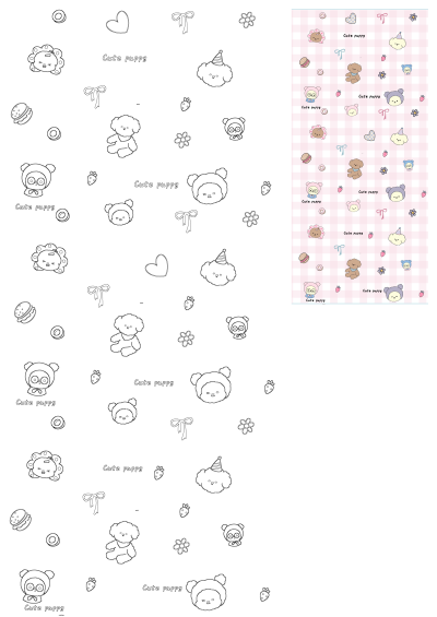 Cute puppy wallpaper with various cartoon-style drawings on a pink plaid background. Wallpaper design by w_stella? in 2025 ֹ ⑅᜔ ׄ ݊ ݂ ۪ ֹ ᮫ °
