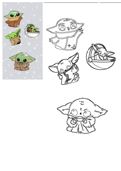 Four different baby Yoda stickers with stars in the background. Cute Grogu poses, including one in his pram and another drinking soup.