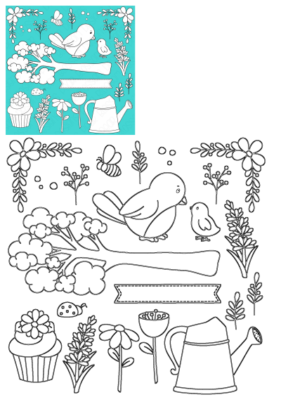 A delightful blue background with white flowers and birds. Whimsical clip art featuring floral elements, birds, watering can and a cupcake.