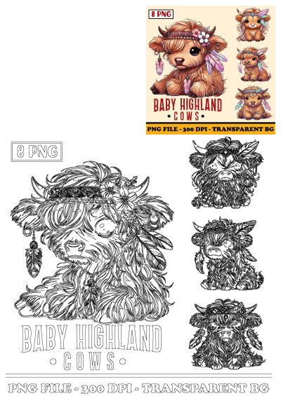 Boho baby highland cow clipart with long hair, shaggy cow PNG, spring hippie style, floral bohemian cow clip art, farm animal.