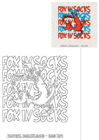 Red and blue poster featuring a fun Dr. Seuss-inspired illustration. The whimsical design is of a fox wearing blue socks with the text fox in socks. 