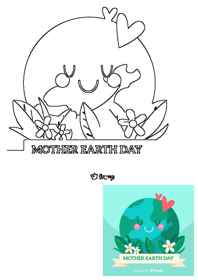 Mother Earth Day card with flowers and leaves, featuring a smiling Earth with hearts and foliage. Happy Earth Day card design.