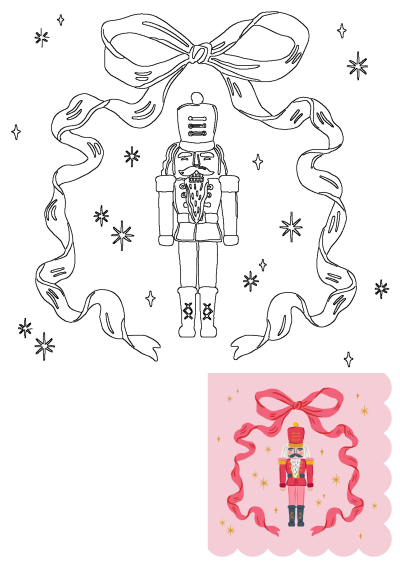 Outline drawing of a festive Nutcracker soldier in a uniform, adorned with a large ribbon bow and sparkling stars, ready for the holidays.