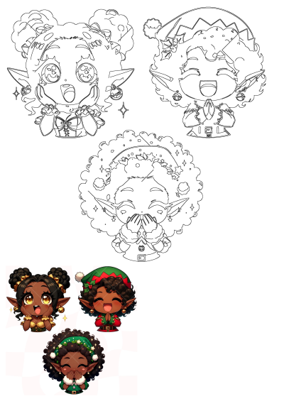 Chibi African American Christmas elves, featuring vibrant digital art and detailed line art. Holiday characters in festive poses.