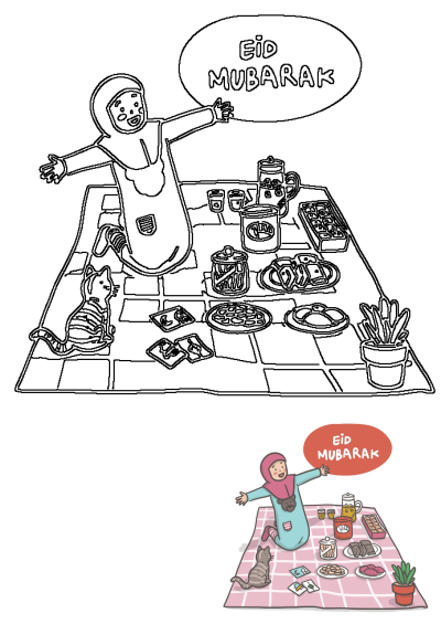 A woman sitting on a pink picnic blanket with food and a cat, celebrating Eid Mubarak. Festive drawing of eid celebration.