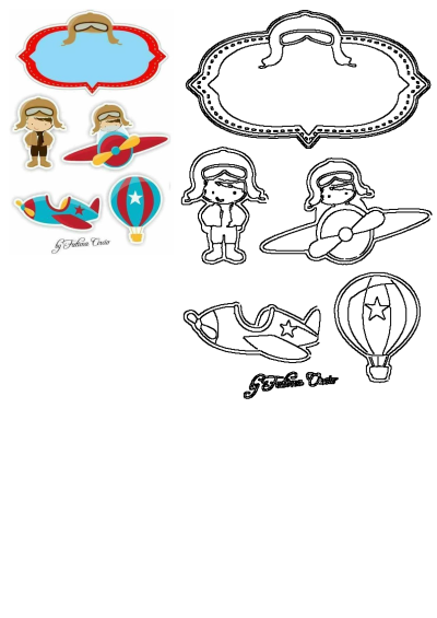 Cartoon aviator-themed stickers, as described in the alt text, including pilots, planes, a hot air balloon, and a decorative frame.