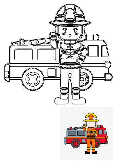 Cartoon fireman standing in front of a fire truck. A friendly illustration perfect for kids' books or fire safety education materials.