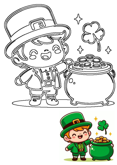 A little boy that is standing in front of a pot of gold coins and shamrocks. Cute cartoon leprechaun celebrating St. Patrick's Day.