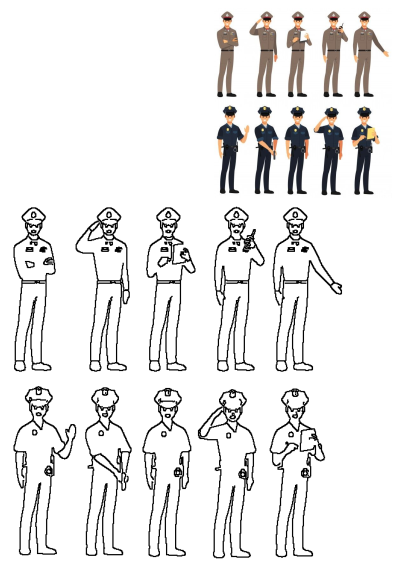 Various poses of police officers in uniform. Illustration showing police officers in different positions and uniforms, in a vector format.