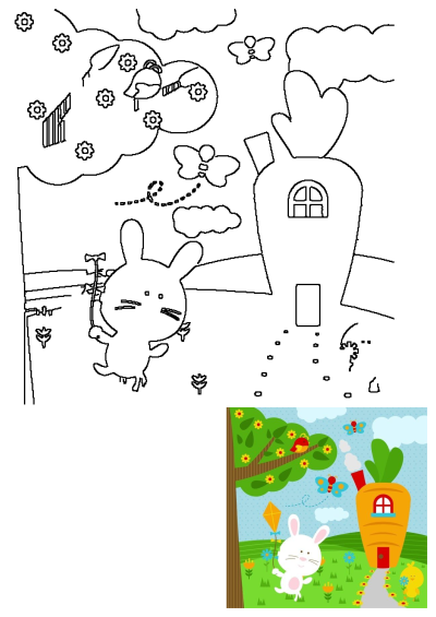 A rabbit is running towards a carrot-shaped house in a flower-filled meadow with butterflies, with a bird in a tree, and a chick.