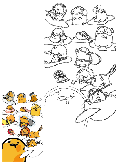 Cartoon image features a collage of Gudetama characters in different costumes/scenarios, wearing food items as clothing and accessories.