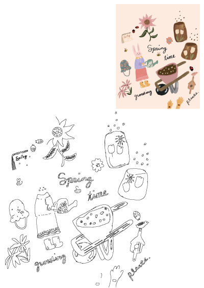 Springtime illustration featuring flowers, gardening tools, and a bunny, all set against a soft pink background. Perfect for spring!