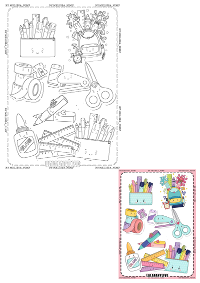 A poster with school supplies on it, including pencils, rulers, glue, and more. 'lalafanylive' written below. Cute and colorful design.