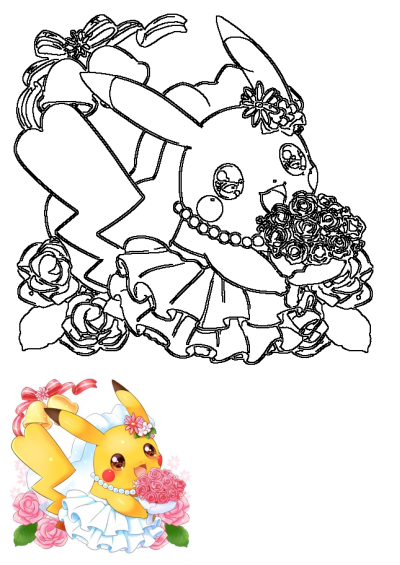 Adorable cartoon of Pikachu in a wedding dress, holding a bouquet of pink roses. Sweet and whimsical wedding themed pokemon illustration.