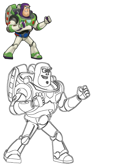 Illustration of Buzz Lightyear from Toy Story, ready for action in his iconic space ranger suit, fists clenched with a determined smile.