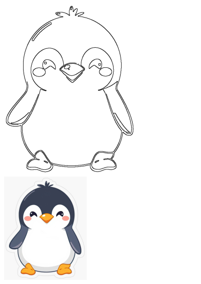 A cute cartoon penguin sticker with an orange beak and feet, sitting on a white surface. Sweet penguin character with pink cheeks and black eyes.
