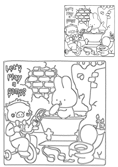 Lights camera paws in 2025: A funny coloring page features a pig on a tricycle, a bunny in a bath, and a toilet. Adult coloring pages.