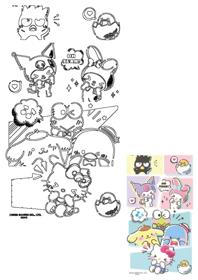 Cartoon characters with expressions including Badtz-Maru, Gudetama, Kuromi, My Melody, Keroppi, Pompompurin, Pochacco, and Hello Kitty.