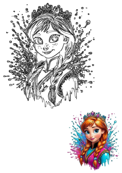 Digital art of Anna from Frozen with a crown, red braids, and a colorful splash background. Charming and vibrant depiction of the beloved character.