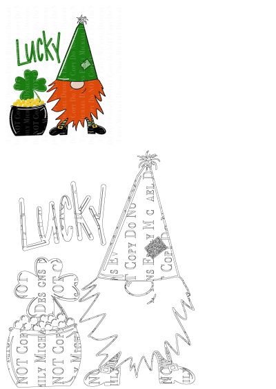 Leprechaun with a pot full of gold coins and shamrocks, alongside the word 'Lucky,' perfect for St. Patrick's Day celebration.