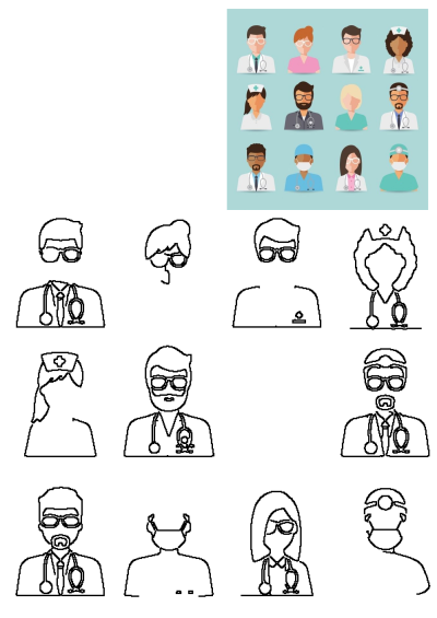 Flat design illustration depicting diverse doctors and nurses, including one with a stethoscope on his face. Medical team representation.
