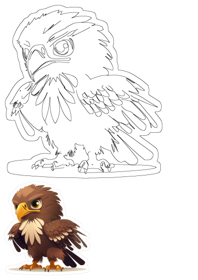 Cartoon illustration of an eagle. Brown and white bird with big eyes standing in front of a white background. Perfect for wildlife-themed designs.