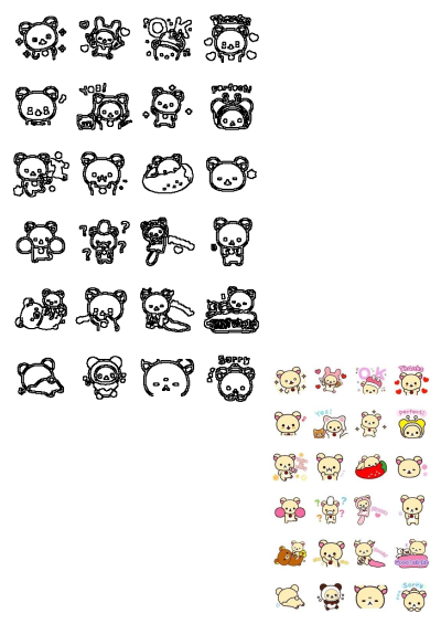 Rilakkuma bear stickers of different colors and sizes showcasing a variety of poses and expressions. Cute illustrations for various uses.