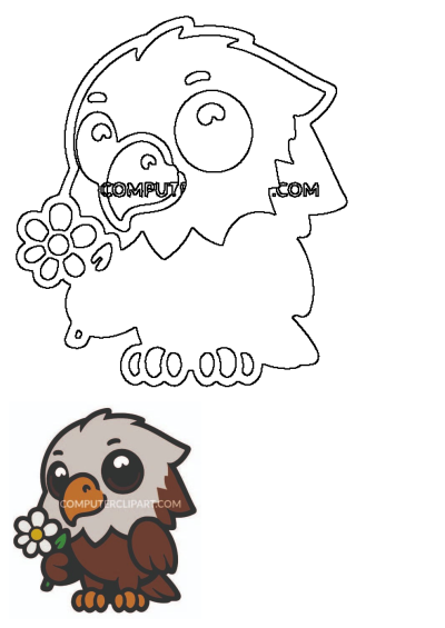 Cute eagle clip art of a cartoon-style eagle holding a daisy flower. Whimsical illustration of an eagle for various creative projects.