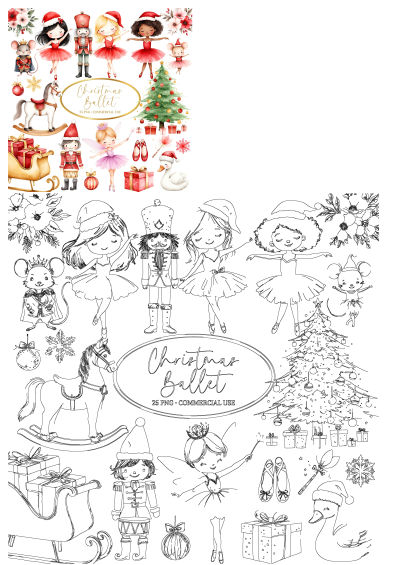 Watercolor Christmas ballet clipart bundle featuring Nutcracker, festive dancers, mouse king, tree, gifts, and outlines for crafts.