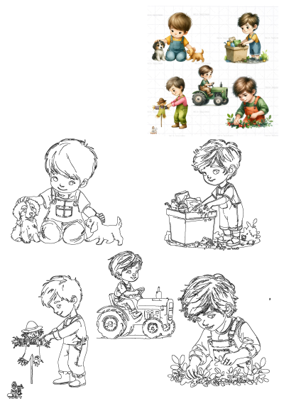 Illustration shows a child playing in different positions. The boy is playing with his toys while another child looks at him.