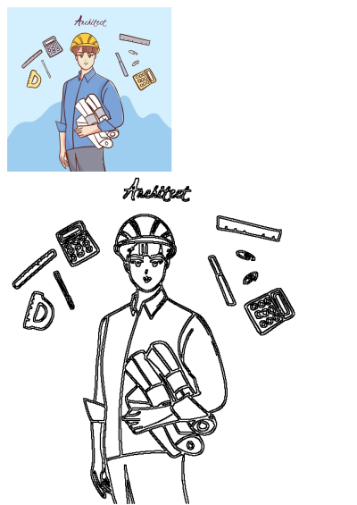 Cartoon illustration of an architect with a yellow helmet, holding blueprints, surrounded by architectural tools and the word 'Architect'.