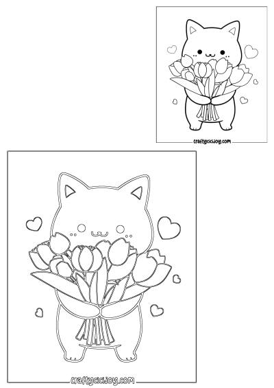 A cute cat with tulips and hearts coloring page. A delightful illustration of a charming cat holding a bouquet of tulips, surrounded by hearts.