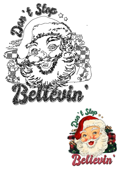 Cheerful Santa Claus head with 'Don't Stop Believin'' text. Includes a vibrant holiday design with plaid/leopard print and a black outline.