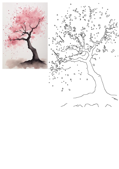 Watercolor painting of a pink cherry blossom tree. Delicate pink petals adorn its branches and trunk, creating a vibrant floral scene. 
