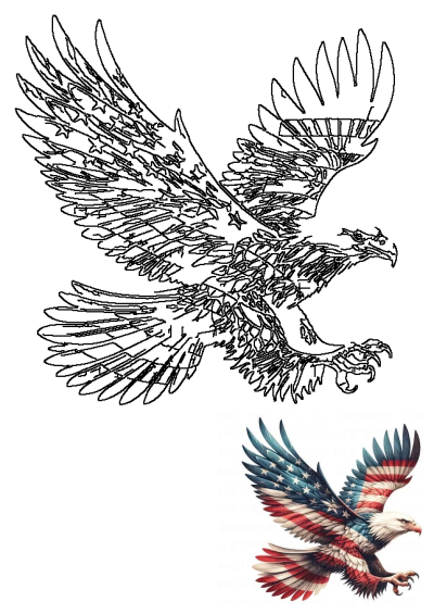 An eagle with the american flag colors painted on it's wings is flying in the air, showing patriotism and national pride in a symbolic representation.