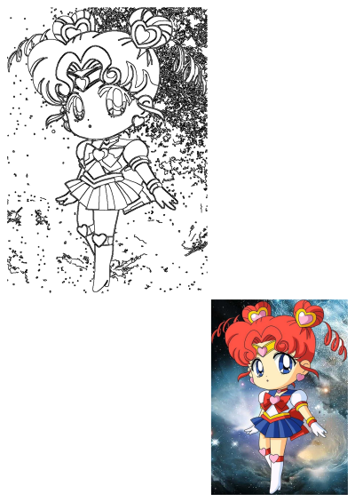 Anime character Sailor ChibiMoon with red hair and blue eyes soaring through the stars. Charming chibi design against a galactic backdrop.