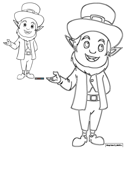 Leprechaun Coloring Page. A free, printable coloring sheet of a cute cartoon leprechaun with a hat, beard, suit and buckled shoes.