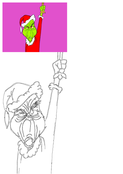An image of the Grinch, the cartoon character, in a Santa suit with a grumpy face, holding a sign, his fist clenched. Christmas themed image.