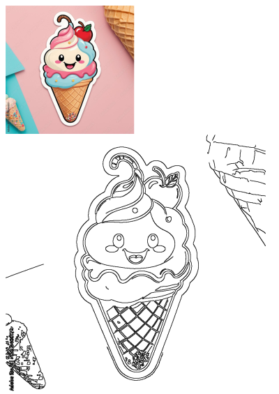 Ice cream sundae sticker sitting on a pink table next to cones. Colorful, cute design with cherry on top.