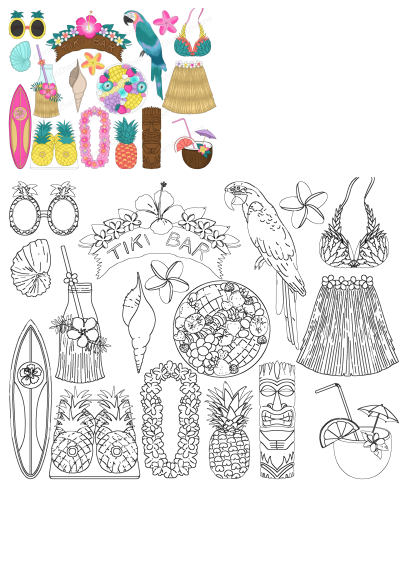 Tropical clipart set with pineapples, flowers, umbrellas, parrot, Tiki Bar sign and other items for a fun tropical vibe. 