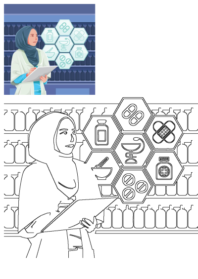Muslim pharmacist holding clipboard with medicine icons. Features pills, bandages, containers, and a mortar and pestle. Perfect for healthcare.
