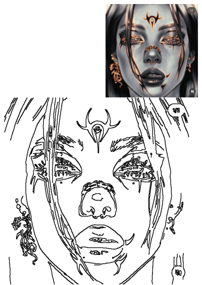 Jane Evans Art: Illustration of a woman with elaborate piercings, gold details, and striking face art. A visually captivating and unique artwork.