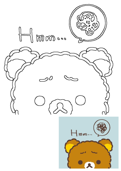 A drawing of a brown teddy bear with a "Hmm..." caption and a thought bubble above its head showing a chaotic collection of doodles.