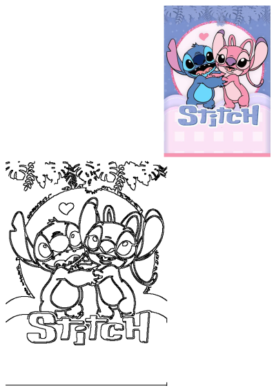 Image of two cartoon characters, Stitch and Angel, hugging each other, set against a Stitch-themed background. 