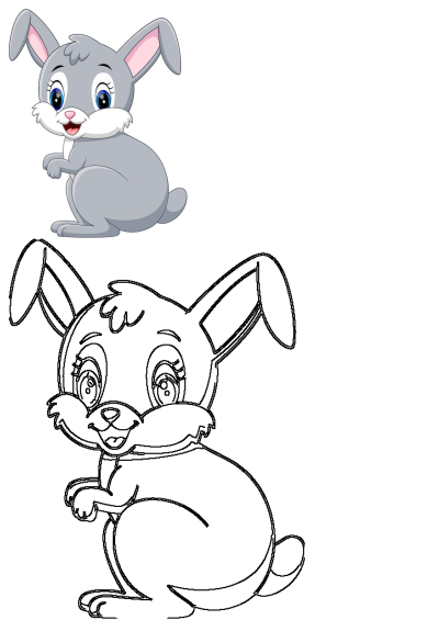 Cartoon rabbit with big blue eyes and pink ears, sitting and looking up. A cute and cheerful illustration of a bunny looking upwards.