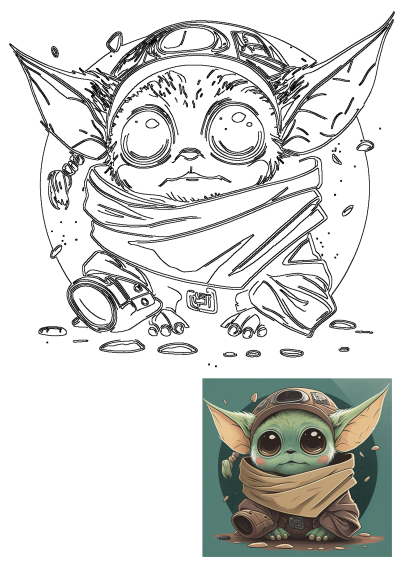 A cute cartoon image of baby yoda wearing a pilot's helmet and a scarf around its neck, with big eyes and pink cheeks. 