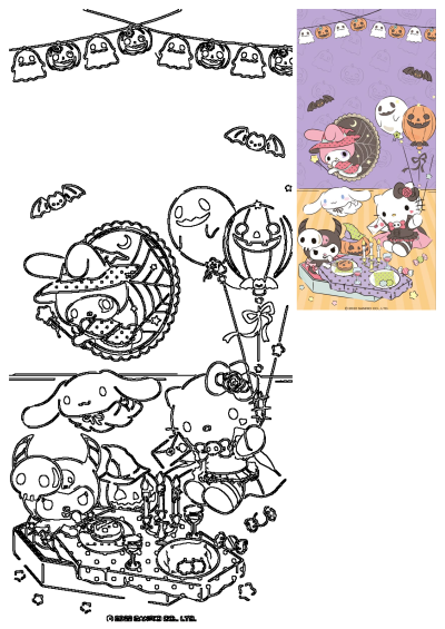A cute and festive Sanrio Halloween party scene with characters like Hello Kitty, My Melody, and Kuromi dressed up among ghosts and pumpkins.