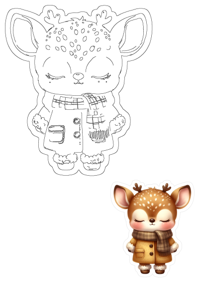 Cute baby deer outline wearing a winter coat and plaid scarf, with small antlers and rosy cheeks, perfect for drawing and crafts.